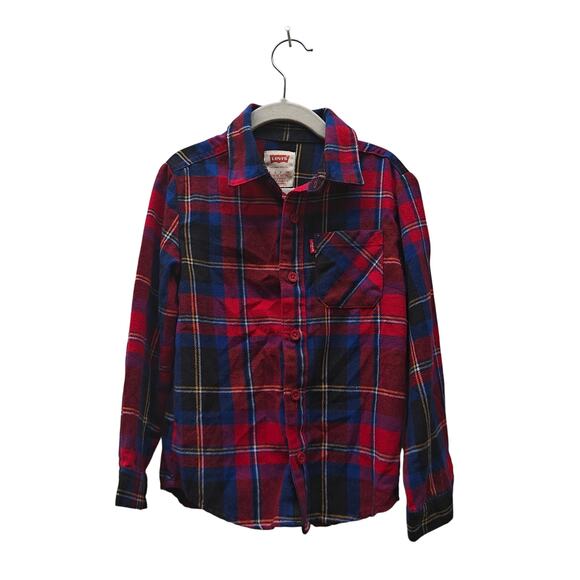 Levi’s Kids Flannel Shirt Red Blue Plaid Size S 4-5Y Button Front Warm Cozy Soft - Picture 1 of 4
